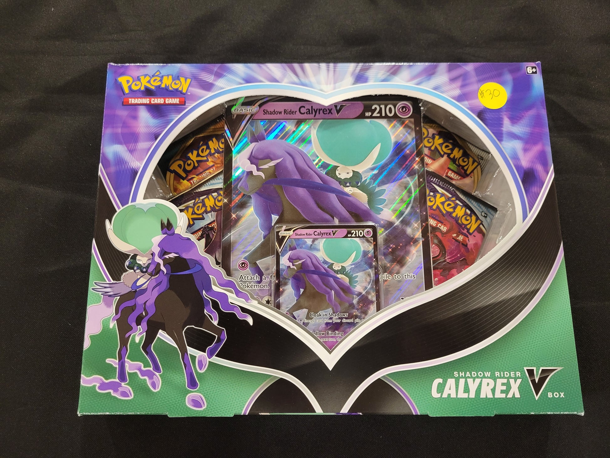 Each Calyrex V box comes with one oversized Calyrex V card, one holofoil Calyrex card, one online code card and four tcg packs.
