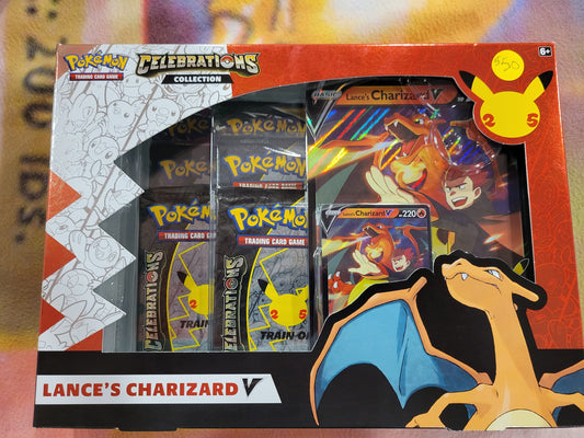 Each Lance's Charizard box comes with one oversized Lance's Charizard card, one Celebrations Lance's Charizard card, one online code card, two tcg packs, and four Celebrations packs.