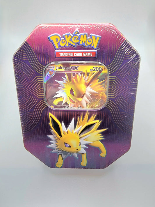 Each Jolteon GX tin contains one foil promo Jolteon GX card, 4 TCG packs, and one online code card.