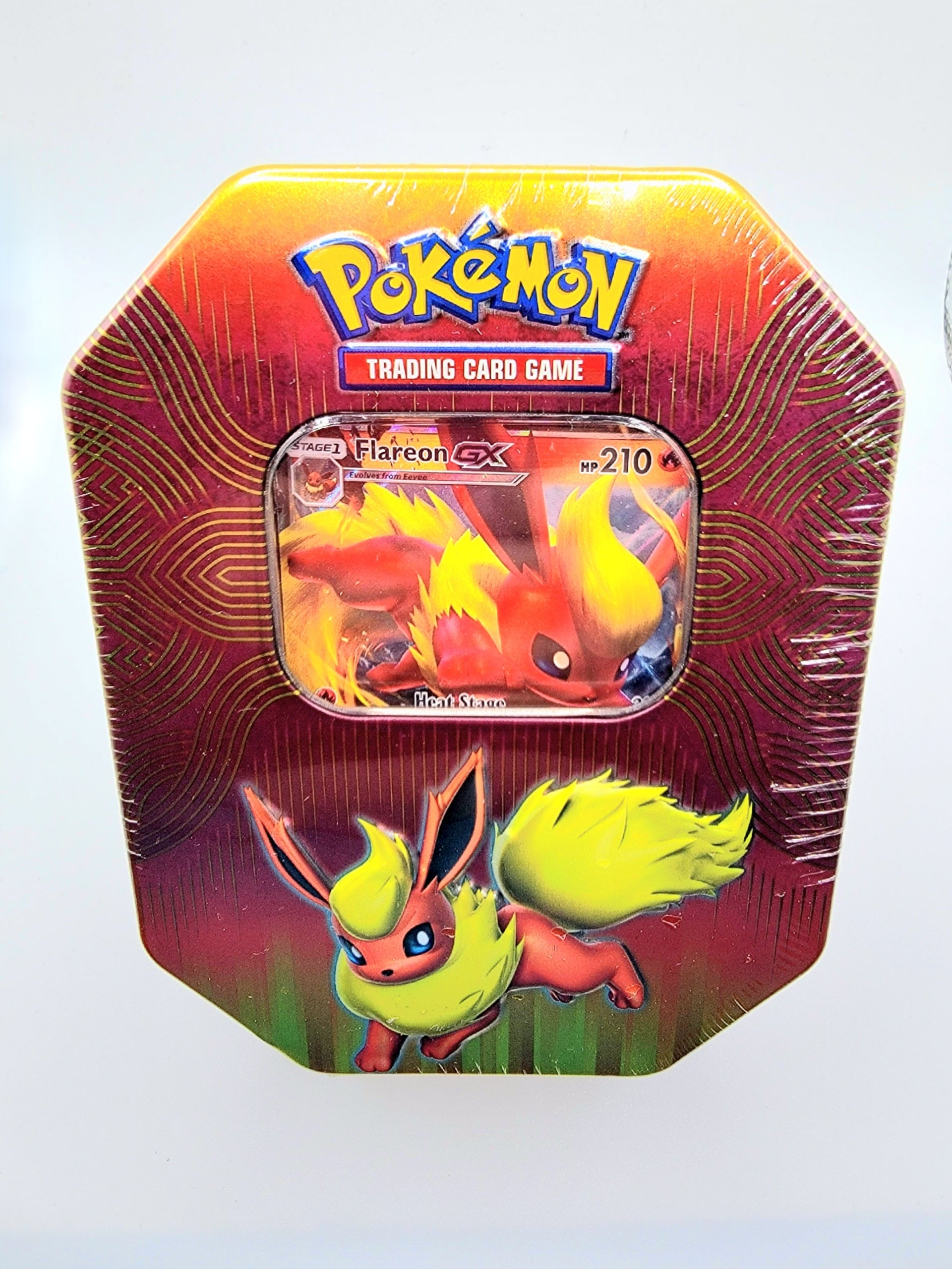 Each Flareon GX tin includes one foil promo Flareon card, 4 TCG packs, and one online code card.