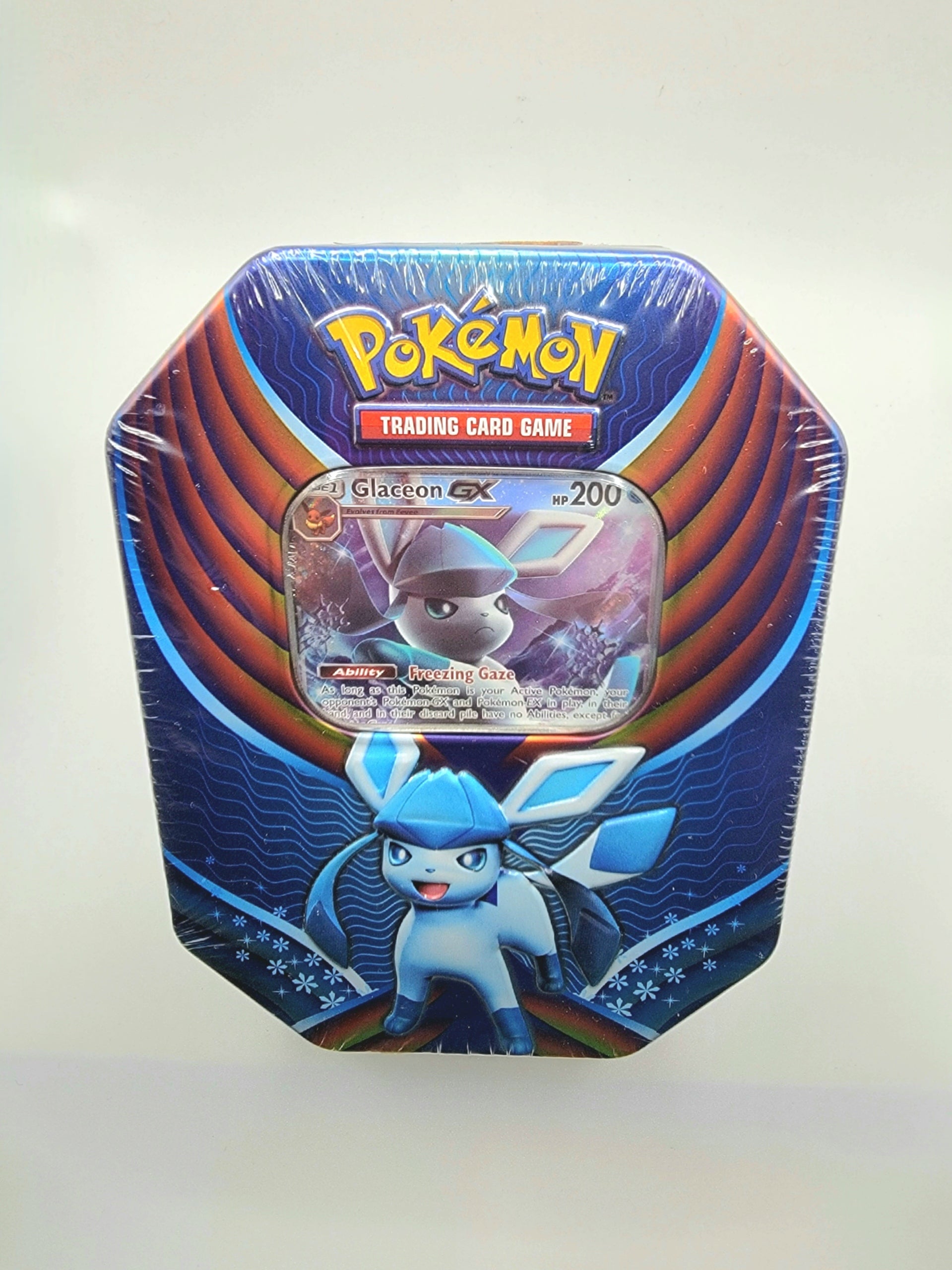 Each Glaceon GX tin includes 1 promo foil GX card, 4 TCG packs, and one online code card.